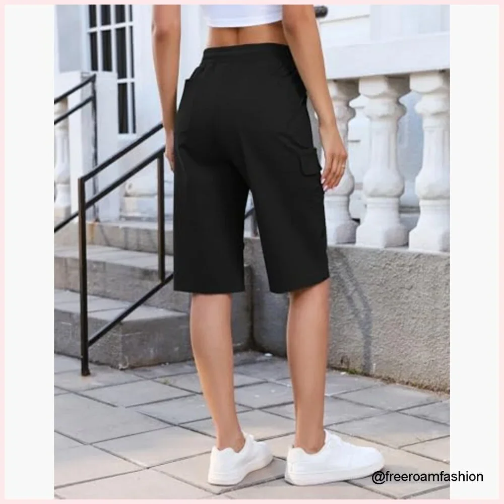 Knee Length Bermuda Cargo Shorts Elastic Waist High Rise Casual Summer